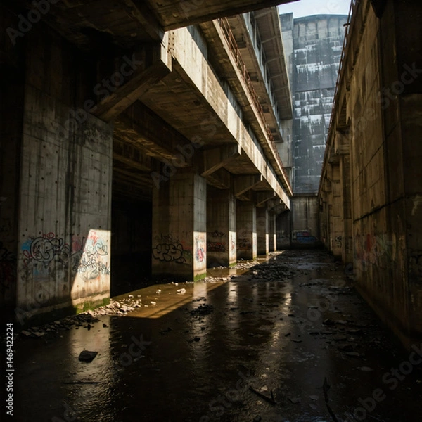 Fototapeta Sunlight pierces a decaying concrete structure with graffiti and stagnant water reflecting the aged architecture