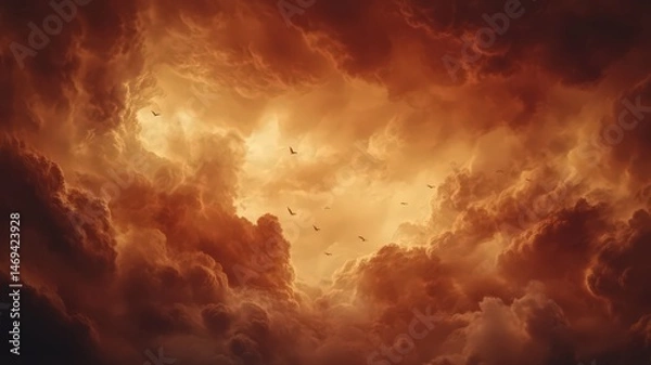 Fototapeta Fiery Cloudscape With Dark Shapes