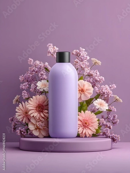 Fototapeta An elegant lavender bottle with a black cap stands on a matching podium, adorned with soft pink and lavender flowers against a light purple backdrop for advertising use.
