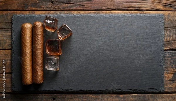 Fototapeta Dark stone slab with cigars and ice