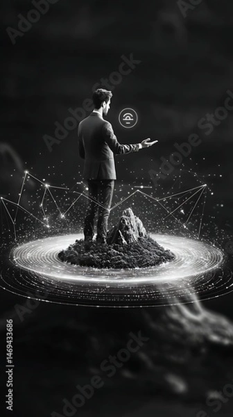 Fototapeta Businessman on a floating island, digital technology