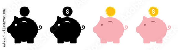 Fototapeta Flat piggy bank icons in pink and black with gold or black coins above, some with dollar signs. Clean design, ideal for finance, saving, budgeting, investment, or banking visuals. Icons, piggy bank.