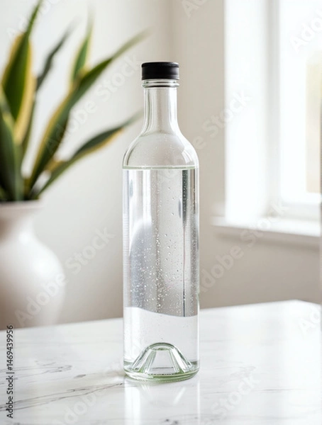 Fototapeta Exquisite glass bottle mockup with pure liquid. Soft light, marble surface. Ideal for presenting beverages. Simplicity and elegance in every detail.