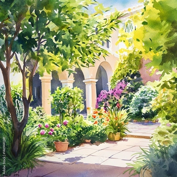 Fototapeta Vibrant garden with lush greenery and colorful flowers in a sunny setting.