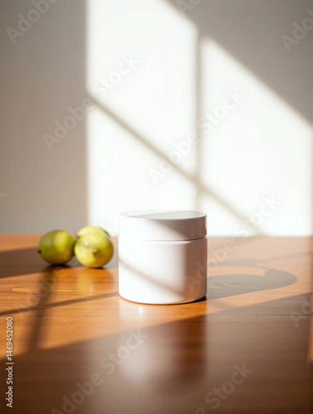 Fototapeta Cosmetic jar mockup on polished wood. Soft light, neutral tones. Ideal for showcasing creams and masks. Calmness and refinement in every detail.
