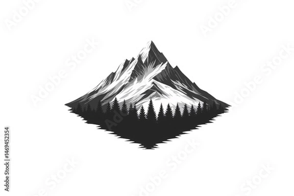 Fototapeta A majestic mountain with detailed snowy peaks rises above dark evergreen forest, mirrored below symmetrically, isolated on a transparent background