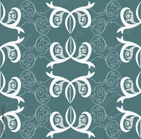 Obraz A seamless pattern of elements of gray and milky tones in the form of stylized leaves, reminiscent of ancient Russian painting, on a green background.