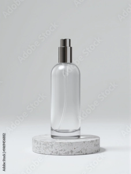 Fototapeta Elegant serum bottle mockup. Clean lines, transparent glass, silver accent. Ideal for showcasing premium cosmetics. Minimalism and luxury in every detail.