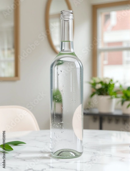 Fototapeta Exquisite glass bottle mockup with pure liquid. Soft light, marble surface. Ideal for presenting beverages. Simplicity and elegance in every detail.