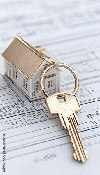 Obraz A small white house model with a golden key sits on a blueprint