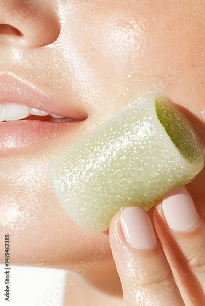 Obraz A woman's hand uses a green jade roller to massage her face, which is glowing with a dewy complexion