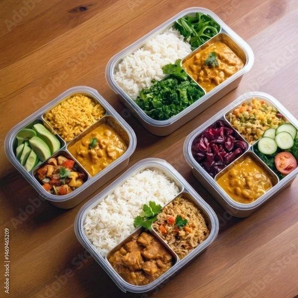 Obraz Healthy & Delicious Meal Prep Containers with Variety of Curries and Sides