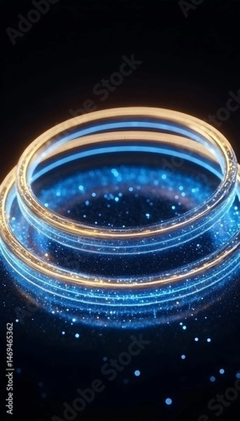 Obraz Two glowing rings, one blue and one orange, hover above a dark surface with scattered blue sparkles