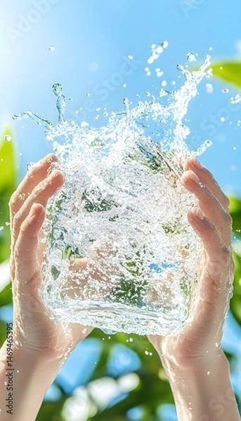 Obraz Two hands hold a sphere of water, creating a splash against a blue sky with green leaves in the background