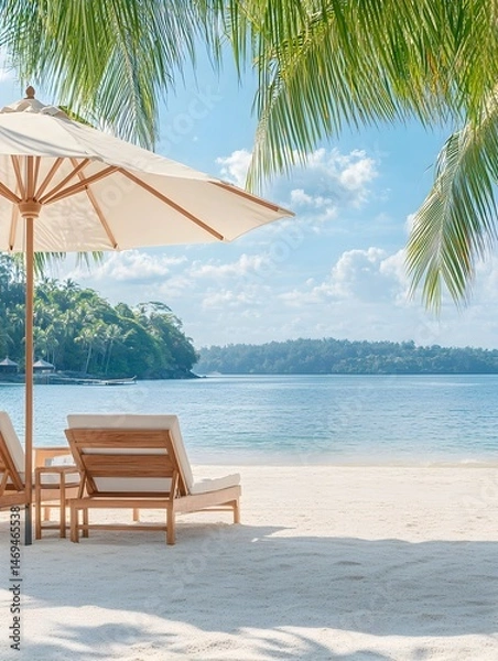 Obraz Two lounge chairs and an umbrella on a white sand beach with a view of a calm ocean and green islands in the distance