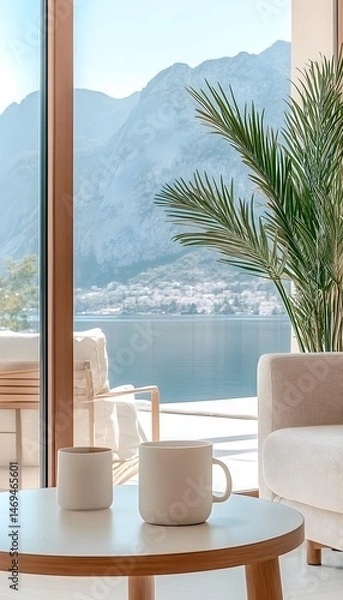 Obraz Two white mugs sit on a wooden coffee table in front of a large window overlooking a picturesque mountain and lake