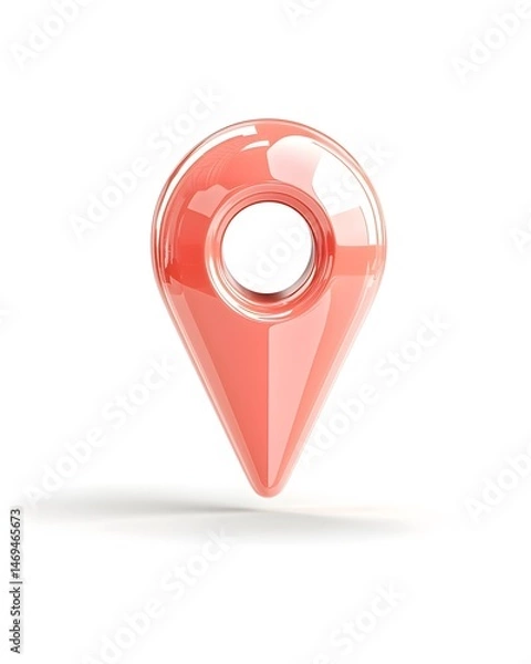 Obraz A 3D rendered, glossy, coral pink map pin with a shadow against a white background