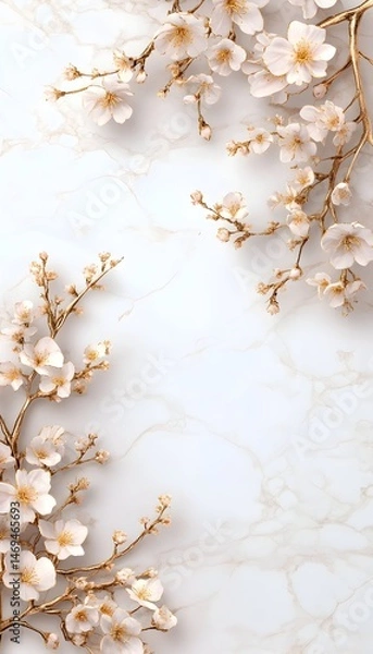 Obraz White cherry blossoms arranged on a white marble background