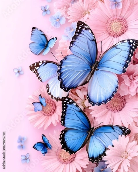 Obraz Vibrant blue butterflies flutter amongst pink flowers on a soft pink background