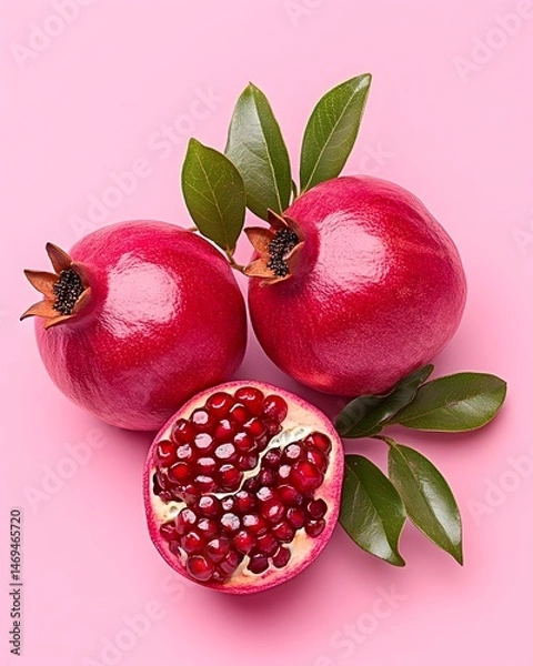 Obraz Two whole pomegranates and a halved pomegranate with red seeds, arranged on a pink background with green leaves