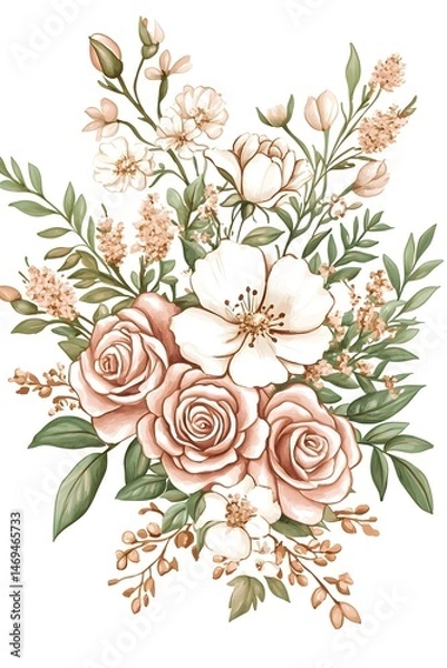 Obraz Watercolor illustration of a bouquet of pink roses, white flowers, and green leaves