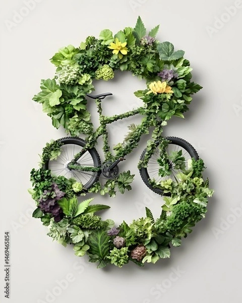 Obraz A black bicycle is outlined with various green leafy plants, forming a circular frame around the bike on a white background