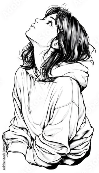 Obraz A black and white drawing of a woman with long hair looking upwards, wearing a hooded sweatshirt with her arms crossed