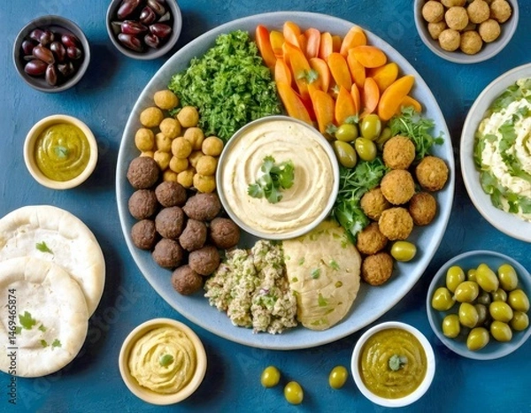 Obraz Mediterranean Mezze Platter with Hummus, Falafel, and Vegetables