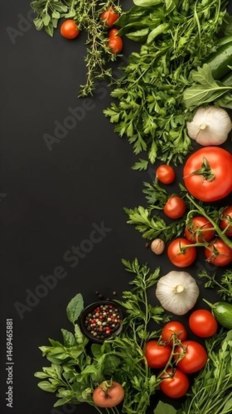 Obraz A black background with fresh vegetables, herbs and spices arranged on the right side, leaving a space for text