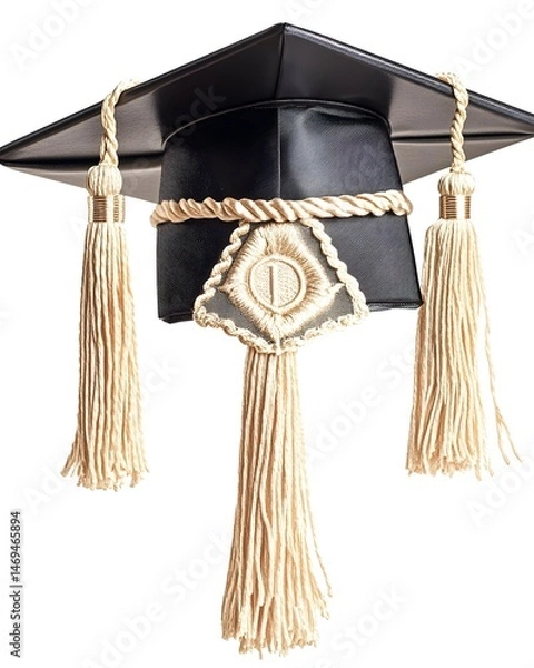 Obraz A black graduation cap with a gold tassel and a gold emblem on the front