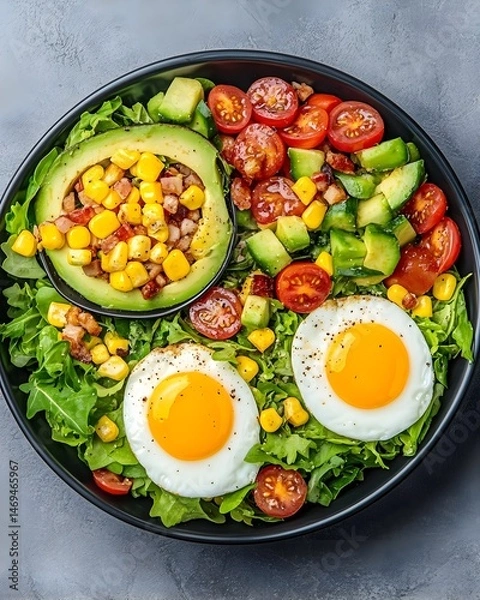 Obraz A black bowl filled with a vibrant salad featuring avocado halves, cherry tomatoes, corn kernels, bacon bits, cucumber, lettuce, and two fried eggs