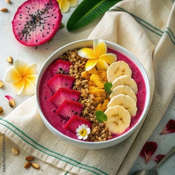 Obraz Vibrant Smoothie Bowl with Dragon Fruit, Granola, and Bananas
