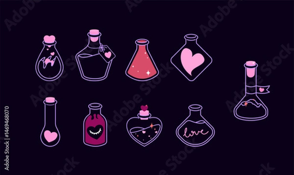 Fototapeta Vector illustration set of magic potions, mystical elixirs and remedies for love enchantment. Mystical and romantic collection of different flasks.