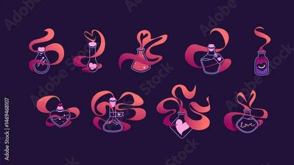 Fototapeta Vector illustration set of magic potions, mystical elixirs and remedies for love enchantment. Mystical and romantic collection of different flasks with hearts and smokes