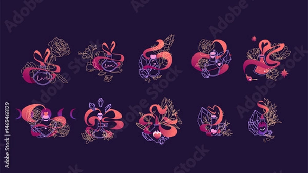 Fototapeta Vector illustration of love potion and magical elements with flowers, gemstones, and mystical themes. Perfect for clipart or mystical witchcraft designs.