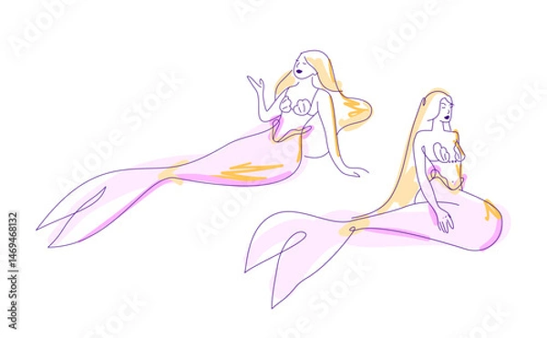 Fototapeta Set of vector mermaid illustrations, elegant female figures with fish tails and flowing hair in different poses. Line art style. Fantasy characters in clean minimalist style.