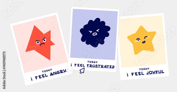Fototapeta Vector illustration of cards with different emotions. Abstract characters in different moods. Emotional intelligence and self regulation.