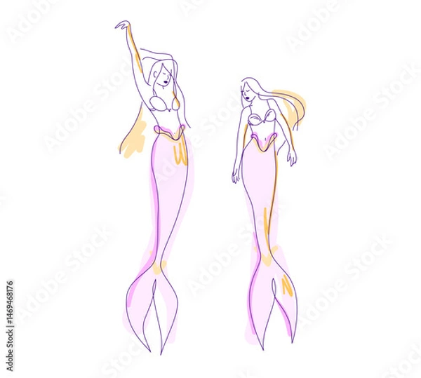 Fototapeta Set of vector mermaid illustrations, elegant female figures with fish tails and flowing hair in different poses. Line art style. Fantasy characters in clean minimalist style.