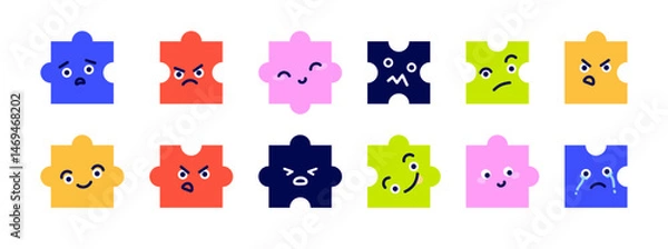 Fototapeta Cartoon flat faces set. Cute und funny emotions as jigsaw puzzle pieces. Simple characters with different expressions as abstract forms