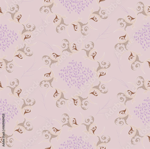 Obraz Brown, beige stylized leaves arranged in a circle, lilac spots in the center of circles, vector seamless pattern.
