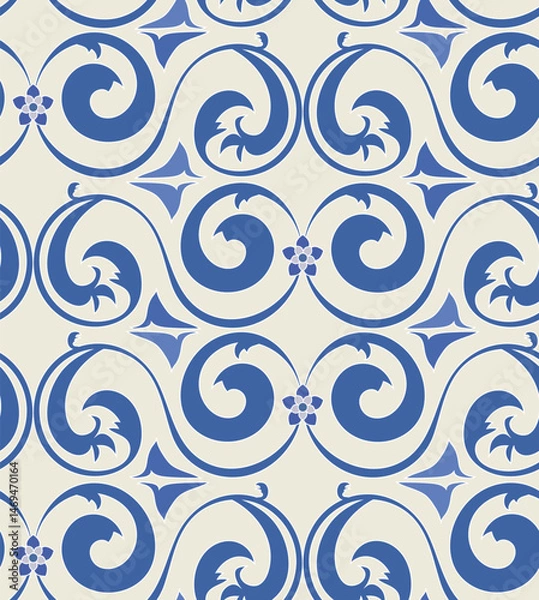 Obraz Blue swirls of stylized leaves on milky background. Seamless vector pattern.