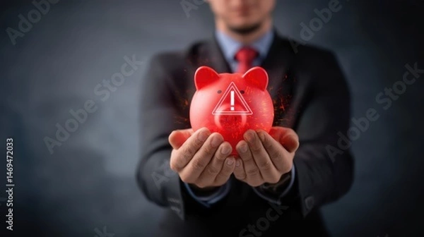 Obraz Businessman holding red piggy bank with warning sign shows financial alert, business problems, savings risk and business stress under Market Crash