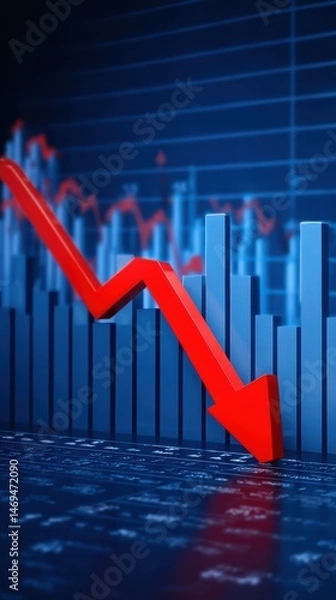 Obraz Red arrow falling on stock chart shows Market Crash, financial loss, business problems and business stress in economic downturn