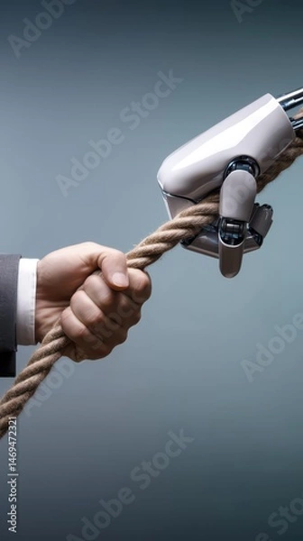 Obraz Businessman hand pulling against robot arm shows man vs machine conflict, business problems, automation fear and business stress at work