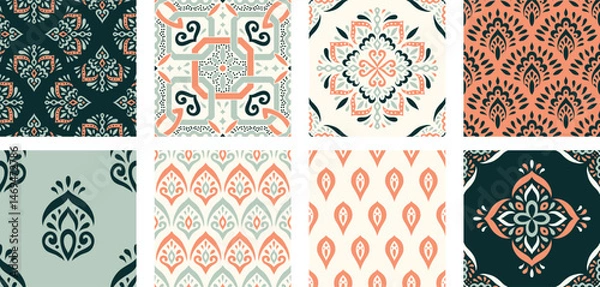 Fototapeta Collection of Moroccan style seamless pattern. Creative mediterranean interior design. Ethnic ornament swatch set. Azulejos tiles vector illustration. Modern Spanish talavera.