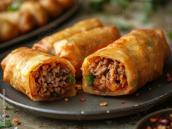 Obraz Crispy fried spring rolls with juicy meat filling
