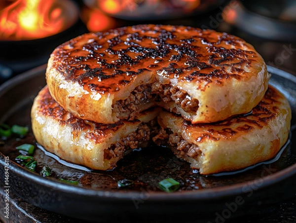 Obraz Korean hotteok sweet dough pancakes with savory meat filling
