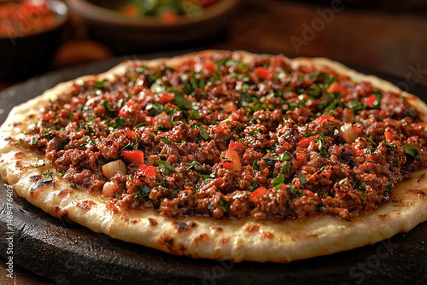 Obraz Lahmacun thin Turkish flatbread topped with spiced minced meat