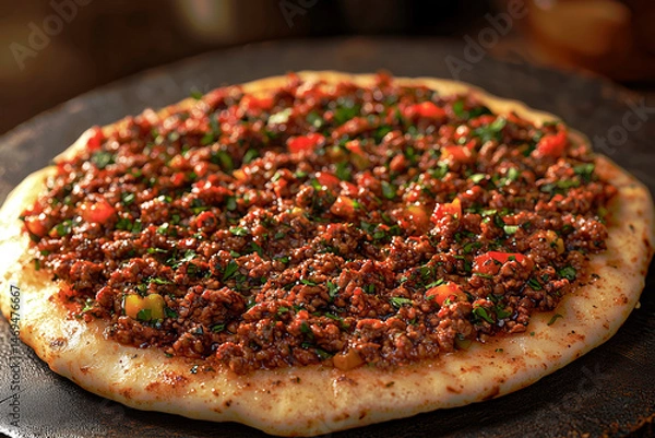 Obraz Lahmacun thin Turkish flatbread topped with spiced minced meat