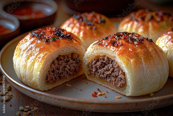 Obraz Open-faced Siberian shangi with a seasoned meat filling